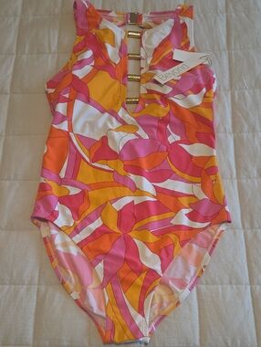 Beyond Control Pink Orange Floral One-Piece Swimsuit NWT